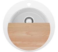 PRIMAGRAN Fregadero Cocina Circular Blanco 50x50cm, Granito 1 Seno + Sifón + Tabla de cortar, Sobre encimera al mueble 45cm - Pisa S020