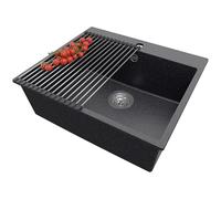 PRIMAGRAN Fregadero Cocina Grafito 58x50cm, Granito 1 Seno + Sifón + Enrollable Escurridor, Sobre encimera al mueble 60cm - Riga S210