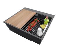 PRIMAGRAN Fregadero Cocina Grafito 58x53cm, Granito 1 Seno + Sifón + Accesorios, Sobre encimera al mueble 60cm - Oslo Max S062