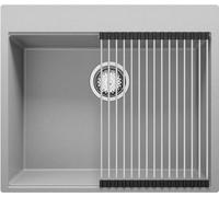 PRIMAGRAN Fregadero Cocina Gris 58x50cm, Granito 1 Seno + Sifón + Enrollable Escurridor, Sobre encimera al mueble 60cm - Oslo S273