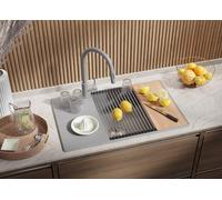 PRIMAGRAN Fregadero Cocina Gris 78x50cm, Granito 1 Seno + Sifón, Sobre encimera al mueble 60cm - Copenhague