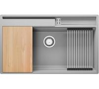 PRIMAGRAN Fregadero Cocina Gris 88x53cm, Granito 1 Seno + Sifón, Sobre Encimera al Mueble 90cm - Oslo 90 Pocket S459