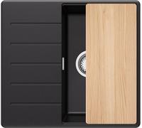 PRIMAGRAN Fregadero Cocina Negro 55x50cm, Granito 1 Seno + Sifón + Tabla de cortar, Sobre encimera al mueble 40cm - Copenhague S280