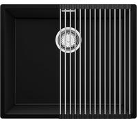 PRIMAGRAN Fregadero Cocina Negro 56x47cm, Granito 1 Seno + Sifón + Enrollable Escurridor, Sobre encimera al mueble 60cm - London Slim S190