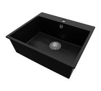 PRIMAGRAN Fregadero Cocina Negro 58x50cm, Granito 1 Seno + Sifón, Sobre encimera al mueble 60cm - Riga S172