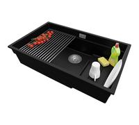 PRIMAGRAN Fregadero Cocina Negro 76x47cm, Granito 1 Seno + Sifón + Enrollable Escurridor, Sobre encimera al mueble 80cm - Prague Slim S375