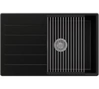 PRIMAGRAN Fregadero Cocina Negro 78x50cm, Granito 1 Seno + Sifón + Enrollable Escurridor, Sobre encimera al mueble 50cm - Copenhague S019