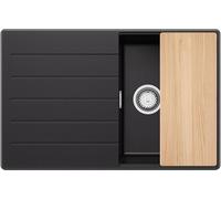 PRIMAGRAN Fregadero Cocina Negro 78x50cm, Granito 1 Seno + Sifón + Tabla de cortar, Sobre encimera al mueble 45cm - Copenhague S140