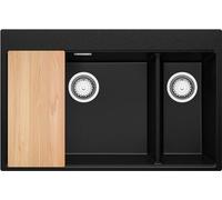 PRIMAGRAN Fregadero Cocina Negro 78x50cm, Granito 2 Senos + Sifón + Tabla de Cortar, Sobre Encimera al Mueble 80cm - Oslo Duo Top S073