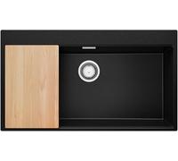 PRIMAGRAN Fregadero Cocina Negro 88x50cm, Granito 1 Seno + Sifón + Tabla de cortar, Sobre encimera al mueble 90cm - Oslo S424