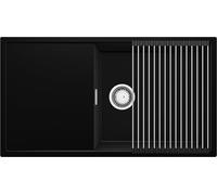 PRIMAGRAN Fregadero Cocina Negro 90x50cm, Granito 1 Seno + Sifón + Enrollable Escurridor, Sobre encimera al mueble 60cm - Ibiza S052