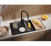 PRIMAGRAN Fregadero Cocina Negro 90x50cm, Granito 1 Seno + Sifón, Sobre encimera al mueble 60cm - Copenhague