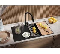 PRIMAGRAN Fregadero Cocina Negro Metallic 90x50cm, Granito 1 Seno + Sifón, Sobre encimera al mueble 60cm - Copenhague