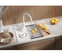 PRIMAGRAN Fregadero Cocina Todo Blanco 78x50cm, Granito 1 Seno + Sifón, Sobre encimera al mueble 60cm - Copenhague