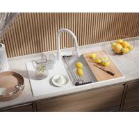 PRIMAGRAN Fregadero Cocina Todo Blanco 90x50cm, Granito 1 Seno + Sifón, Sobre encimera al mueble 60cm - Copenhague