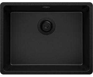 PRIMAGRAN Fregadero Cocina Todo Negro 56x44cm, Granito 1 Seno + Sifón, Sobre Encimera al Mueble 60cm - Venecia Easy Slim S067