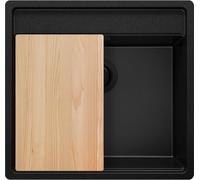 PRIMAGRAN Fregadero Cocina Todo Negro 56x53cm, Granito 1 Seno + Sifón + Tabla de cortar, Sobre encimera al mueble 60cm - Bergen S040