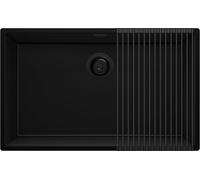 PRIMAGRAN Fregadero Cocina Todo Negro 76x47cm, Granito 1 Seno + Sifón + Enrollable Escurridor, Sobre encimera al mueble 80cm - London Slim S303