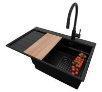 PRIMAGRAN Fregadero Cocina Todo Negro 78x50cm, Granito 1 Seno + Sifón + Accesorios, Sobre encimera al mueble 50cm - Valencia