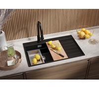 PRIMAGRAN Fregadero Cocina Todo Negro 78x50cm, Granito 1 Seno + Sifón, Sobre encimera al mueble 50cm - Zúrich