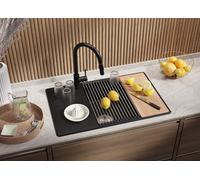PRIMAGRAN Fregadero Cocina Todo Negro 78x50cm, Granito 1 Seno + Sifón, Sobre encimera al mueble 60cm - Copenhague