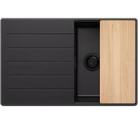 PRIMAGRAN Fregadero Cocina Todo Negro 78x50cm, Granito 1 Seno + Sifón + Tabla de cortar, Sobre encimera al mueble 45cm - Copenhague S146