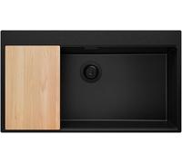 PRIMAGRAN Fregadero Cocina Todo Negro 88x50cm, Granito 1 Seno + Sifón + Tabla de cortar, Sobre encimera al mueble 90cm - Oslo S430