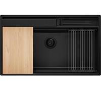 PRIMAGRAN Fregadero Cocina Todo Negro 88x53cm, Granito 1 Seno + Sifón + Accesorios, Sobre encimera al mueble 90cm - Oslo Pocket S300