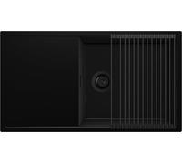 PRIMAGRAN Fregadero Cocina Todo Negro 90x50cm, Granito 1 Seno + Sifón + Enrollable Escurridor, Sobre encimera al mueble 60cm - Ibiza S063
