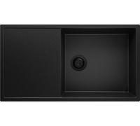 PRIMAGRAN Fregadero Cocina Todo Negro 90x50cm, Granito 1 Seno + Sifón, Sobre encimera al mueble 60cm - Ibiza S040