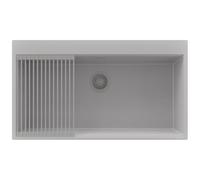 PRIMAGRAN Fregadero de Esquina Todo Gris 88x50cm, Granito 1 Seno + Sifón + Enrollable Escurridor, Sobre Encimera al Mueble 90cm - Oslo 90 Top S693