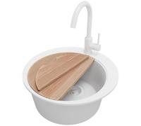 PRIMAGRAN Fregadero Granito al Mueble 45cm + Grifo, 50x50cm | Set: Grifo BW5010 + Kit de desagüe + Tabla de Cortar + Pisa Top 1 Seno para Cocina, Todo Blanco
