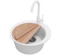 PRIMAGRAN Fregadero Granito al Mueble 45cm + Grifo, 50x50cm | Set: Grifo BW5010 + Kit de desagüe + Tabla de Cortar + Pisa Top 1 Seno para Cocina, Blanco