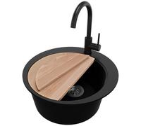 PRIMAGRAN Fregadero Granito al Mueble 45cm + Grifo, 50x50cm | Set: Grifo BW5010 + Kit de desagüe + Tabla de Cortar + Pisa Top 1 Seno para Cocina, Negro