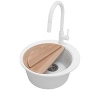 PRIMAGRAN Fregadero Granito al Mueble 45cm + Grifo, 50x50cm | Set: Grifo BW9010 + Kit de desagüe + Tabla de Cortar + Pisa Top 1 Seno para Cocina, Blanco