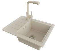 PRIMAGRAN Fregadero Granito al Mueble 45cm + Grifo, 55x44cm | Set: Grifo BW3010 + Kit de desagüe (sifón, válvula, rebosadero) + Copenhague Easy 1 Seno para Cocina, Todo Beige