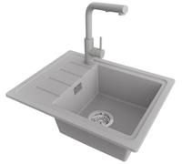 PRIMAGRAN Fregadero Granito al Mueble 45cm + Grifo, 55x44cm | Set: Grifo BW3010 + Kit de desagüe (sifón, válvula, rebosadero) + Copenhague Easy 1 Seno para Cocina, Gris