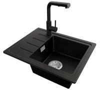 PRIMAGRAN Fregadero Granito al Mueble 45cm + Grifo, 55x44cm | Set: Grifo BW3010 + Kit de desagüe (sifón, válvula, rebosadero) + Copenhague Easy 1 Seno para Cocina, Negro
