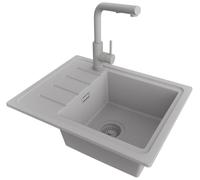 PRIMAGRAN Fregadero Granito al Mueble 45cm + Grifo, 55x44cm | Set: Grifo BW3010 + Kit de desagüe (sifón, válvula, rebosadero) + Copenhague Easy 1 Seno para Cocina, Todo Gris