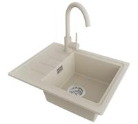 PRIMAGRAN Fregadero Granito al Mueble 45cm + Grifo, 55x44cm | Set: Grifo BW5010 + Kit de desagüe (sifón, válvula, rebosadero) + Copenhague Easy 1 Seno para Cocina, Beige