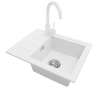 PRIMAGRAN Fregadero Granito al Mueble 45cm + Grifo, 55x44cm | Set: Grifo BW5010 + Kit de desagüe (sifón, válvula, rebosadero) + Copenhague Easy 1 Seno para Cocina, Blanco