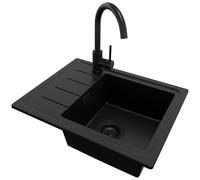 PRIMAGRAN Fregadero Granito al Mueble 45cm + Grifo, 55x44cm | Set: Grifo BW5010 + Kit de desagüe (sifón, válvula, rebosadero) + Copenhague Easy 1 Seno para Cocina, Todo Negro