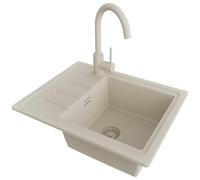 PRIMAGRAN Fregadero Granito al Mueble 45cm + Grifo, 55x44cm | Set: Grifo BW5010 + Kit de desagüe (sifón, válvula, rebosadero) + Copenhague Easy 1 Seno para Cocina, Todo Beige