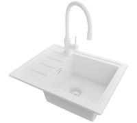 PRIMAGRAN Fregadero Granito al Mueble 45cm + Grifo, 55x44cm | Set: Grifo BW6020 + Kit de desagüe (sifón, válvula, rebosadero) + Copenhague Easy 1 Seno para Cocina, Todo Blanco