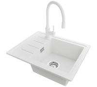 PRIMAGRAN Fregadero Granito al Mueble 45cm + Grifo, 55x44cm | Set: Grifo BW6020 + Kit de desagüe (sifón, válvula, rebosadero) + Copenhague Easy 1 Seno para Cocina, Blanco