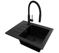PRIMAGRAN Fregadero Granito al Mueble 45cm + Grifo, 55x44cm | Set: Grifo BW6030 + Kit de desagüe (sifón, válvula, rebosadero) + Copenhague Easy 1 Seno para Cocina, Todo Negro