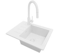 PRIMAGRAN Fregadero Granito al Mueble 45cm + Grifo, 55x44cm | Set: Grifo BW9010 + Kit de desagüe (sifón, válvula, rebosadero) + Copenhague Easy 1 Seno para Cocina, Todo Blanco