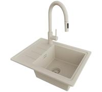 PRIMAGRAN Fregadero Granito al Mueble 45cm + Grifo, 55x44cm | Set: Grifo BW9010 + Kit de desagüe (sifón, válvula, rebosadero) + Copenhague Easy 1 Seno para Cocina, Todo Beige