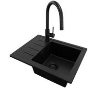 PRIMAGRAN Fregadero Granito al Mueble 45cm + Grifo, 55x44cm | Set: Grifo BW9010 + Kit de desagüe (sifón, válvula, rebosadero) + Copenhague Easy 1 Seno para Cocina, Todo Negro
