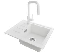 PRIMAGRAN Fregadero Granito al Mueble 45cm + Grifo, 55x44cm | Set: Grifo BW9070 + Kit de desagüe (sifón, válvula, rebosadero) + Copenhague Easy 1 Seno para Cocina, Blanco